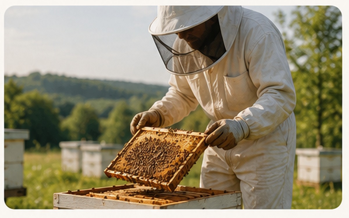 Beekeeper inspecting a hive frame in a sunny apiary