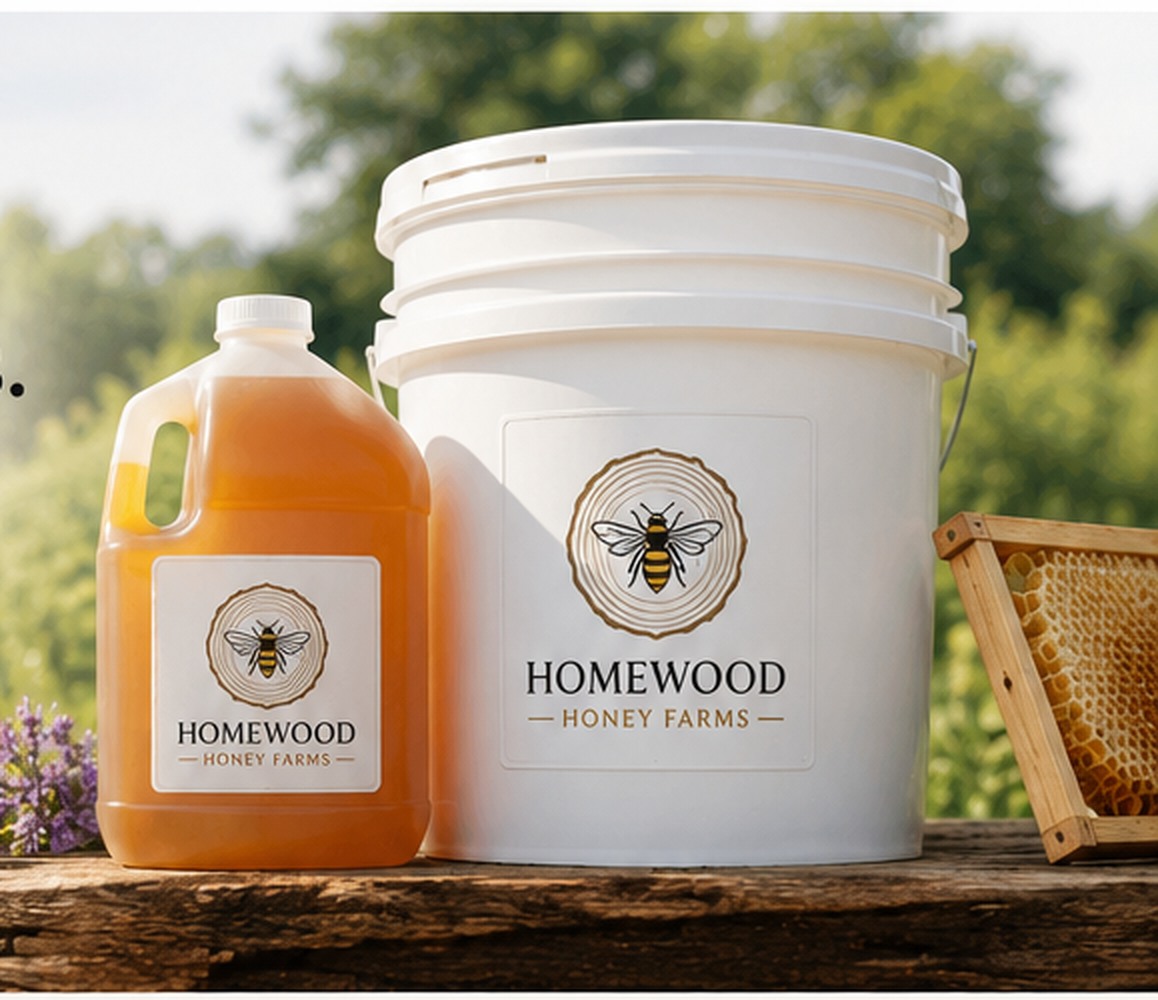 A gallon jug and five gallon pail of golden honey outdoors