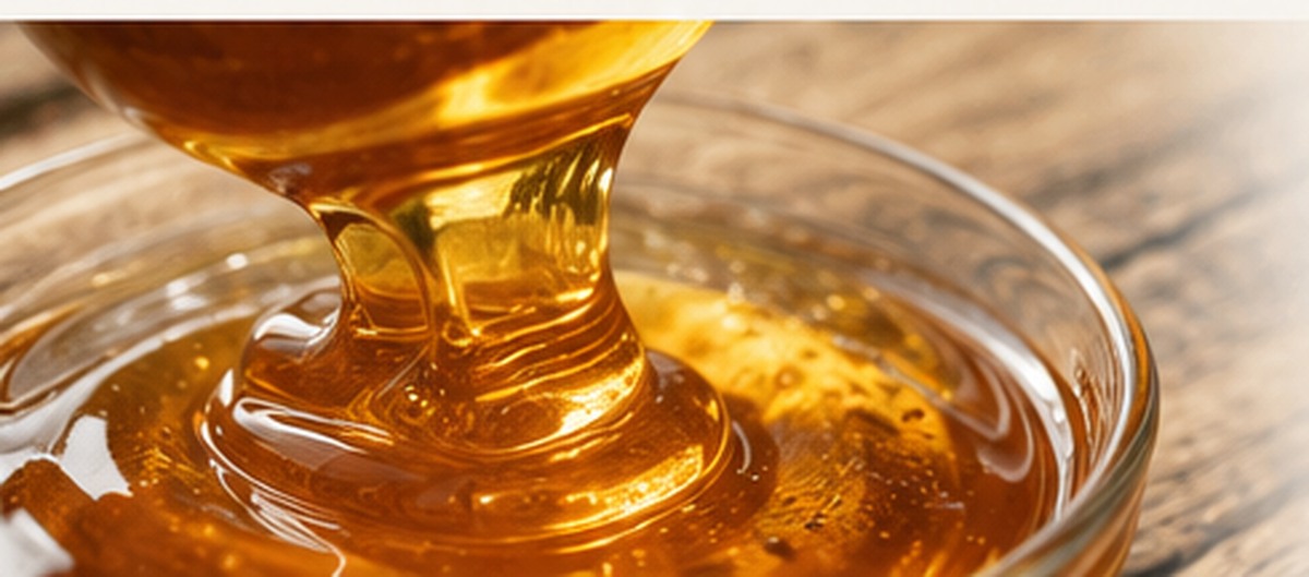 Golden honey being poured into a glass bowl
